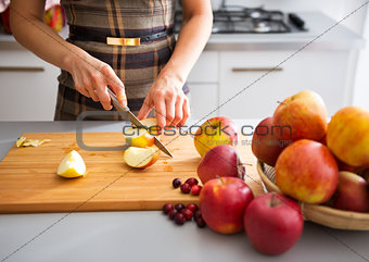 Woman's elegant hands cutting apples on board