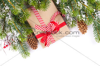 Christmas tree branch with snow and gift box
