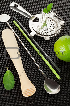 Bar drink accessories and mojito ingredients