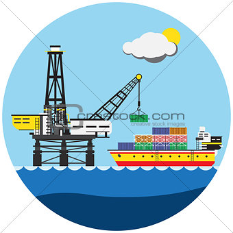 Colorful picture of building crane with ship