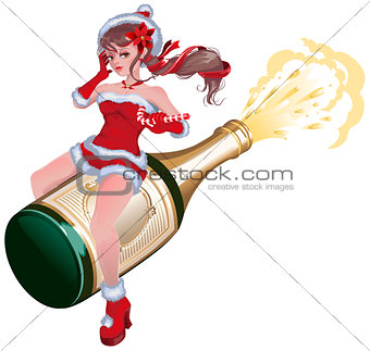 Santa girl flying on bottle champagne. Maiden flying on bottle