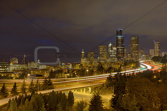 Seattle Skyline with Highway Traffic at Night