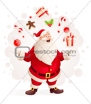 Merry Santa Claus juggles with Christmas gifts and sweets as magician