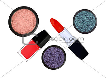 collection of various make up accessories on white background