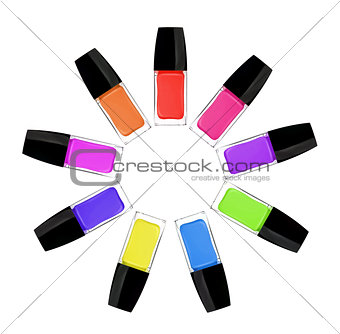 set of colorful nail polishes isolated on white