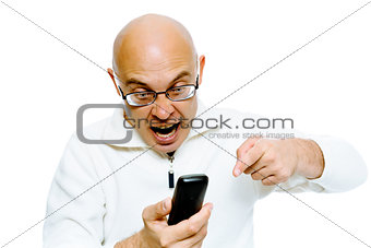 Bald man screaming into the phone. Studio. isolated