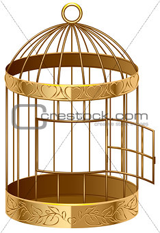 Open gold birdcage. An empty birdcage
