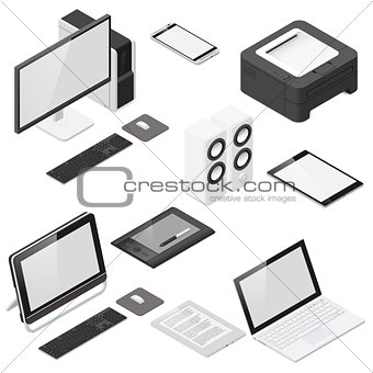 Computer and office devices detailed isometric icon set