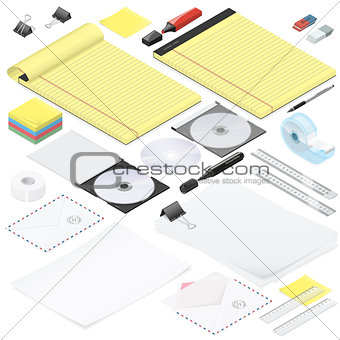 Office stationery detailed isometric icon set