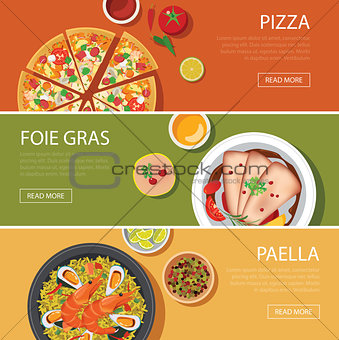 popular food web banner flat design, pizza, foie gras, paella