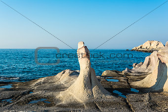 Moon landscape made of white mineral formations on Milos island, Greece