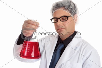Chemist carrying large flask