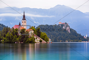 Catholic Church on Island and Bled Castle on Bled Lake