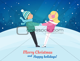 Two cute children skating at ice rink. Christmas card.