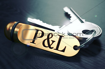 P and L - Bunch of Keys with Text on Golden Keychain.