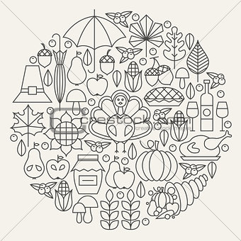 Thanksgiving Day Holiday Line Icons Set Circle Concept
