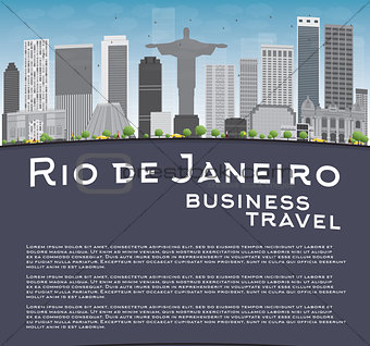 Rio de Janeiro skyline with grey buildings, blue sky and place f