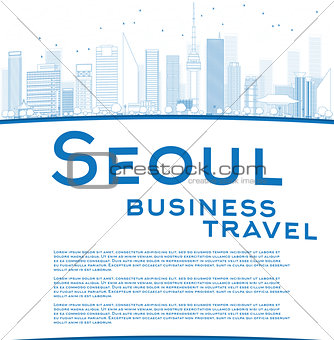 Outline Seoul skyline with blue building and copy space