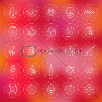 Thin Outline Jewish New Year Circle Line Icons Set