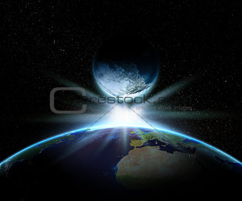 3D Earth and fantasy planet with bright star