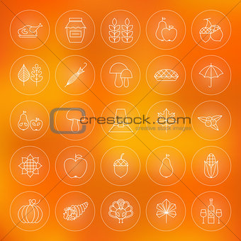Thin Outline Thanksgiving Dinner Circle Line Icons Set