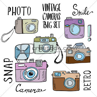 Hand drawn set of retro cameras with lettering