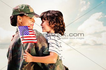 Composite image of solider reunited with son