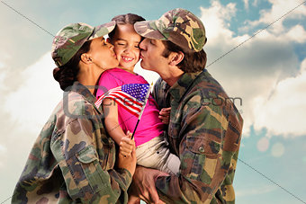 Composite image of soliders reunited with children