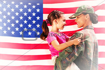 Composite image of solider reunited with daughter