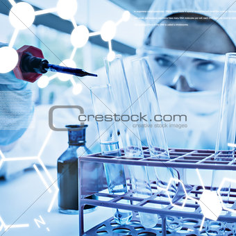 Composite image of protected female scientist dropping blue liquid in a test tube