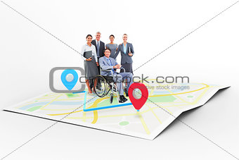 Composite image of disabled businessman with his colleagues smiling at camera