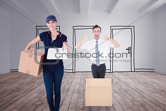 Composite image of happy delivery woman holding cardboard box and clipboard