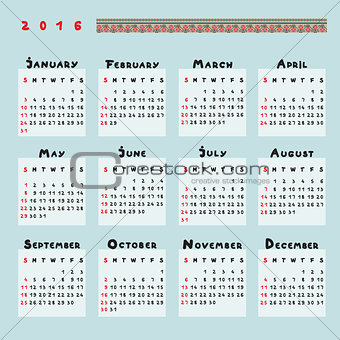 calendar 2016