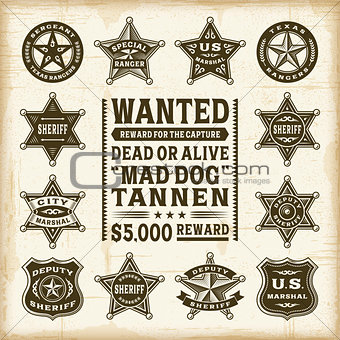 Vintage sheriff, marshal and ranger badges set