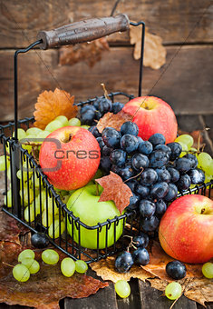 Fresh ripe autumn apples and grapes