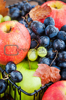 Fresh ripe autumn apples and grapes