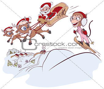 Santa Claus and reindeer met monkey symbol 2016. Monkey skiing