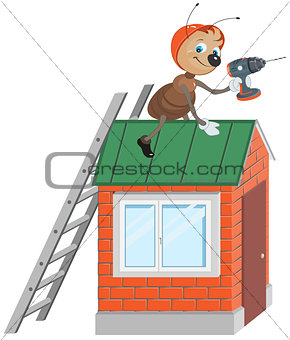 Ant worker with drill repairing roof
