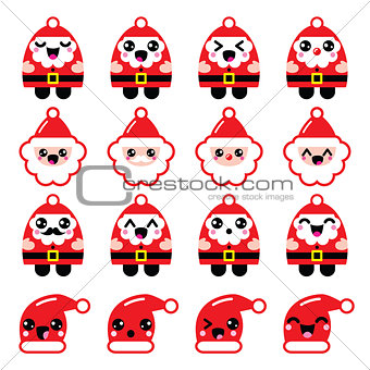 Kawaii Santa Claus cute character icons - head, body, Santa's hat