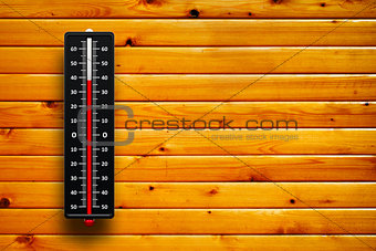 3d Thermometer heat on wood background