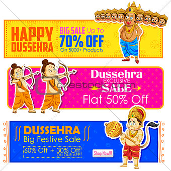 Happy Dussehra banner with Rama, Laxmana, Hanuman and Ravana