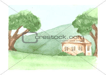 Beautiful watercolor landscape with country house