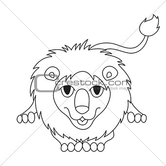 Cute cartoon smiling lion lying with kind muzzle, coloring book