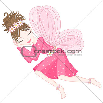 Cute fairy in bright pink dress is sleeping