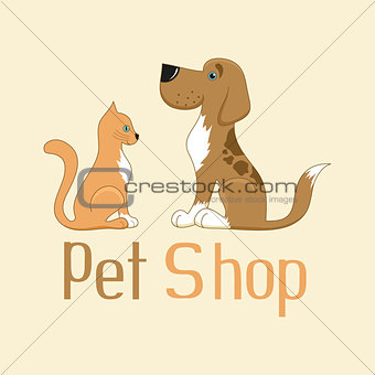 Cute cartoon cat and dog sign for pet shop logo