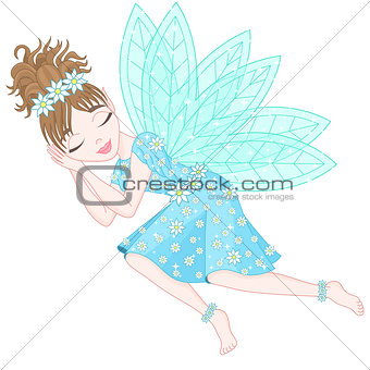 Cute fairy in bright cyan dress decorated of flowers