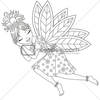 Cute fairy in dress with wings is sleeping, coloring book