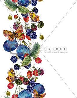 Autumn harvest watercolor seamless border with fruits and butter