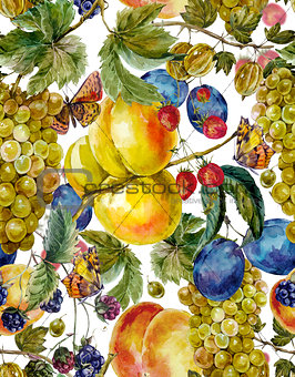 Autumn harvest seamless pattern with fruits and butterflies