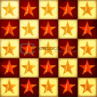 golden and red stars over checked background
